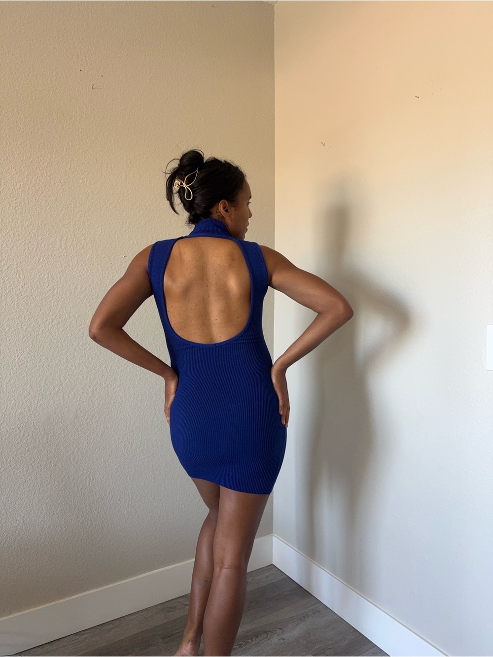 Sleek Royal Blue Open-Back Ribbed Bodycon Dress Womens Medium